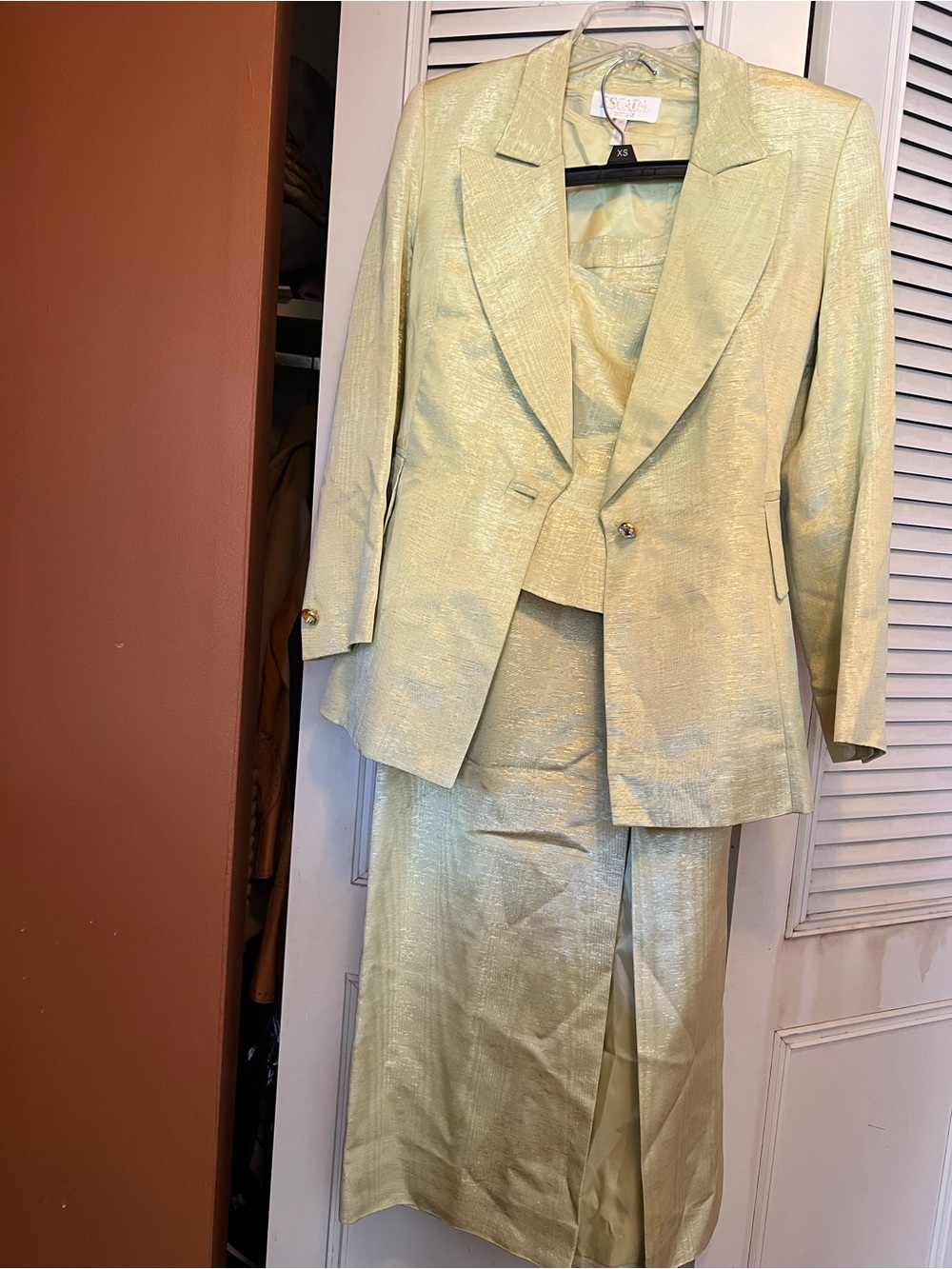 Vintage Escada Light Green Metallic Suit Jacket Top,& Skirt - Three-Piece